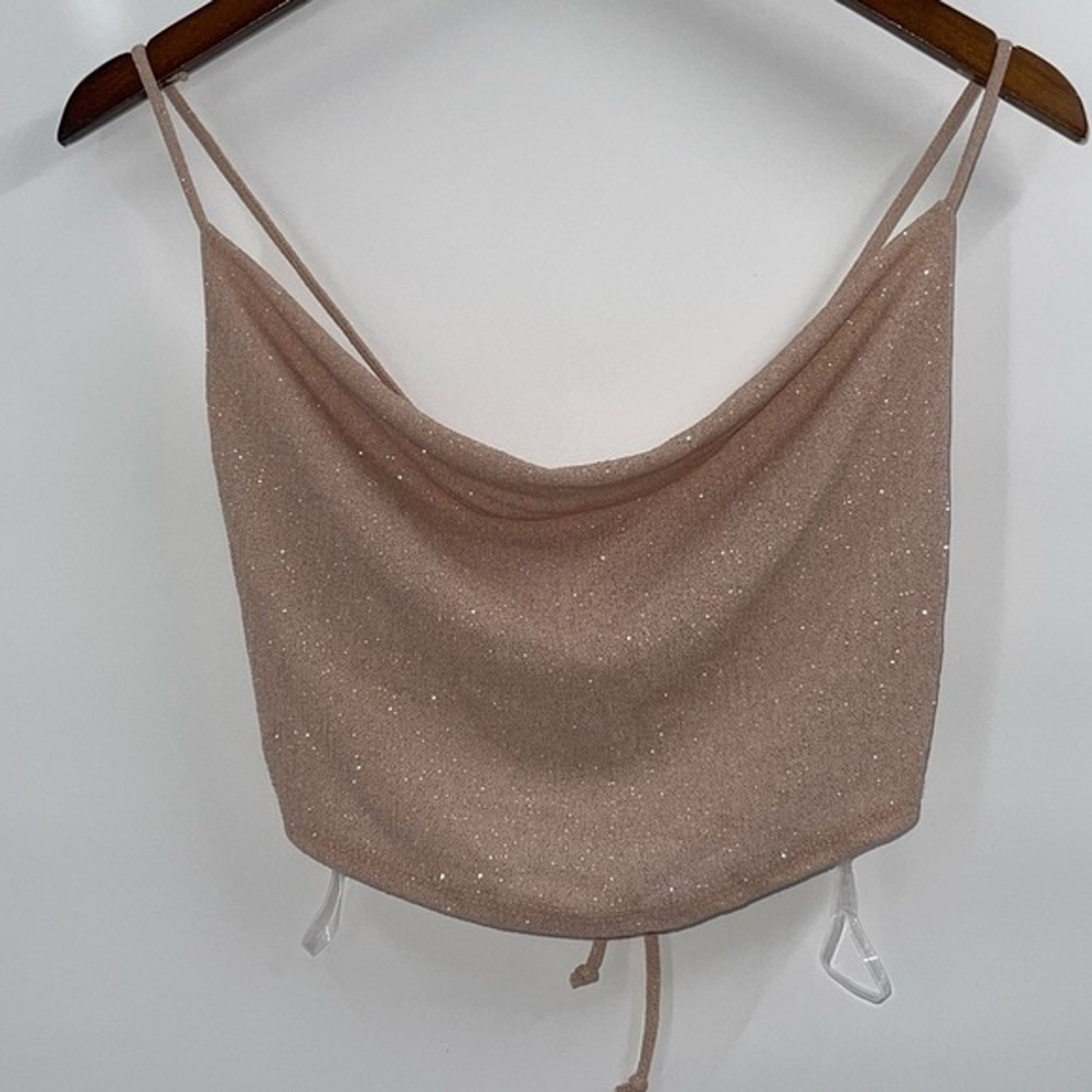 Windsor S Crop Top Women Rose Gold Excellent Glitter Cowl‎ Neck Lace Up T12434PB